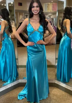 Beaded V Neck Satin Long Dress 4321^Jasz Couture Clearance