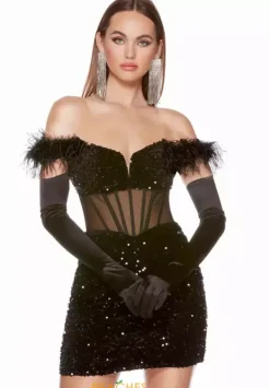 Fitted Feathers Short Dress 4800^Alyce Sale