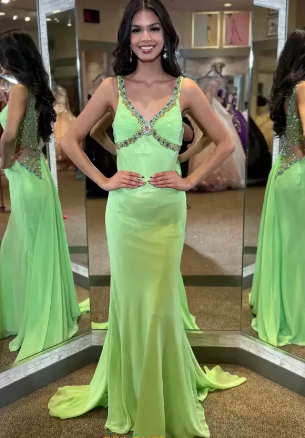 V Neck Fitted Long Dress 4332^Jasz Couture Outlet