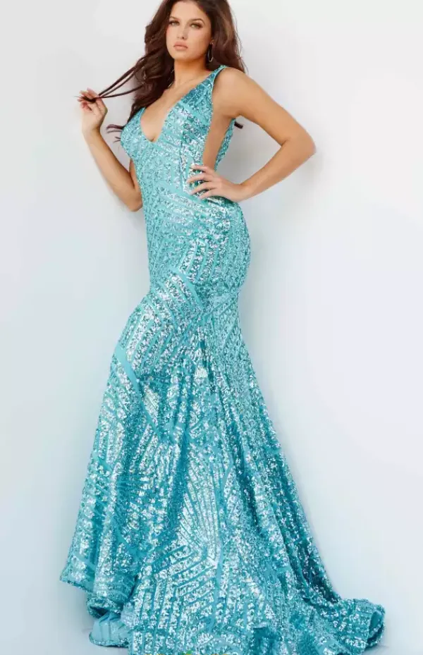V Neck Long Fitted Dress 59762^Jovani Best
