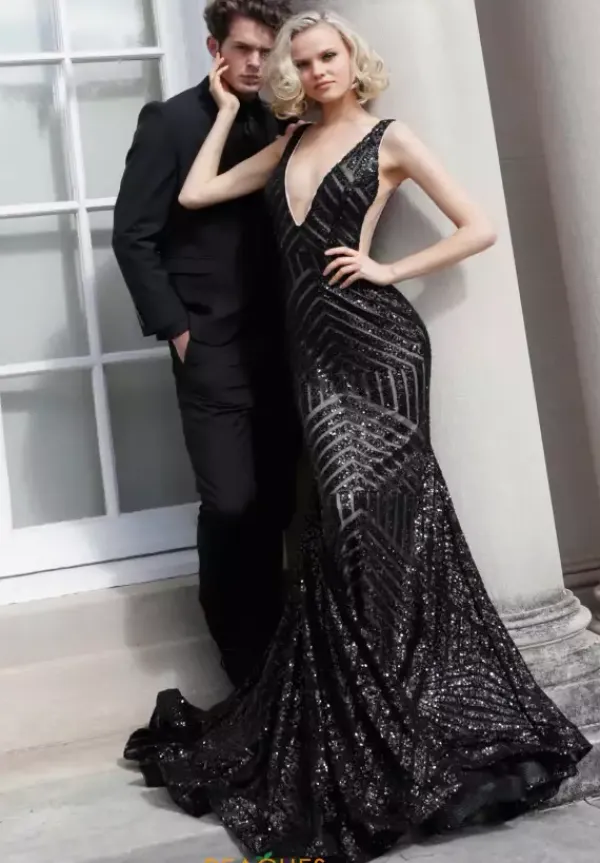 V Neck Long Fitted Dress 59762^Jovani Best