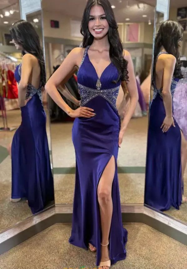 V Neck Satin Long Dress 4302^Jasz Couture Best