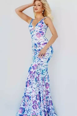 V Neckline Long Fitted Dress 08257^Jovani
